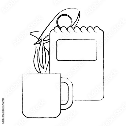 notepad with rocket and coffee mug over white background, vector illustration