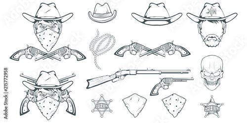Cowboy Set for design. Hand drawn cowboy hat. Cartoon character man in the wild west. Retro Rifle and revolver. Sheriff's Badge. Western. Elements of the Wild West. Vector graphics to design