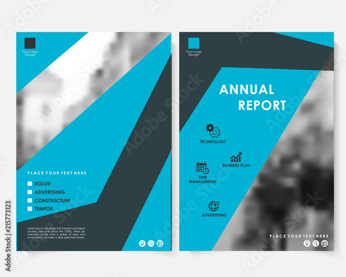 Blue square annual report cover design template with blurred photo vector. Brochure concept presentation website portfolio. Keynote layout leaflet template. Magazine business advertising poster A4