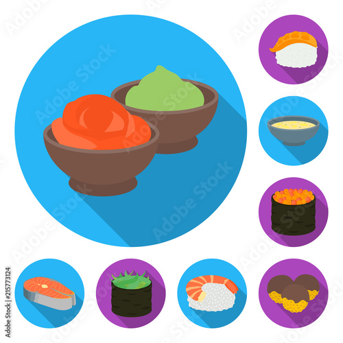 Sushi and seasoning flat icons in set collection for design. Seafood food, accessory vector symbol stock web illustration.