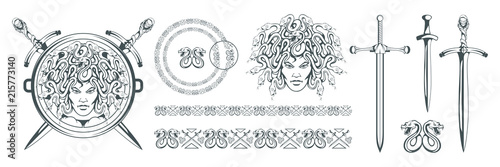 Gorgon Medusa - monster with a female face and snakes instead of hair. Sword. Medusa head. Greek mythology. Hand drawn traditional Greek ornament. Snake tattoo. Vector graphics to design