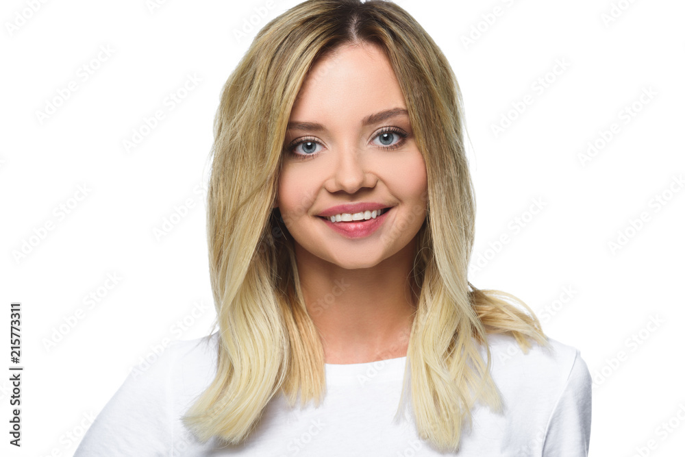 portrait of cheerful attractive girl in white shirt looking at camera isolated on white portrait of cheerful attractive girl in white shirt looking at camera isolated on white