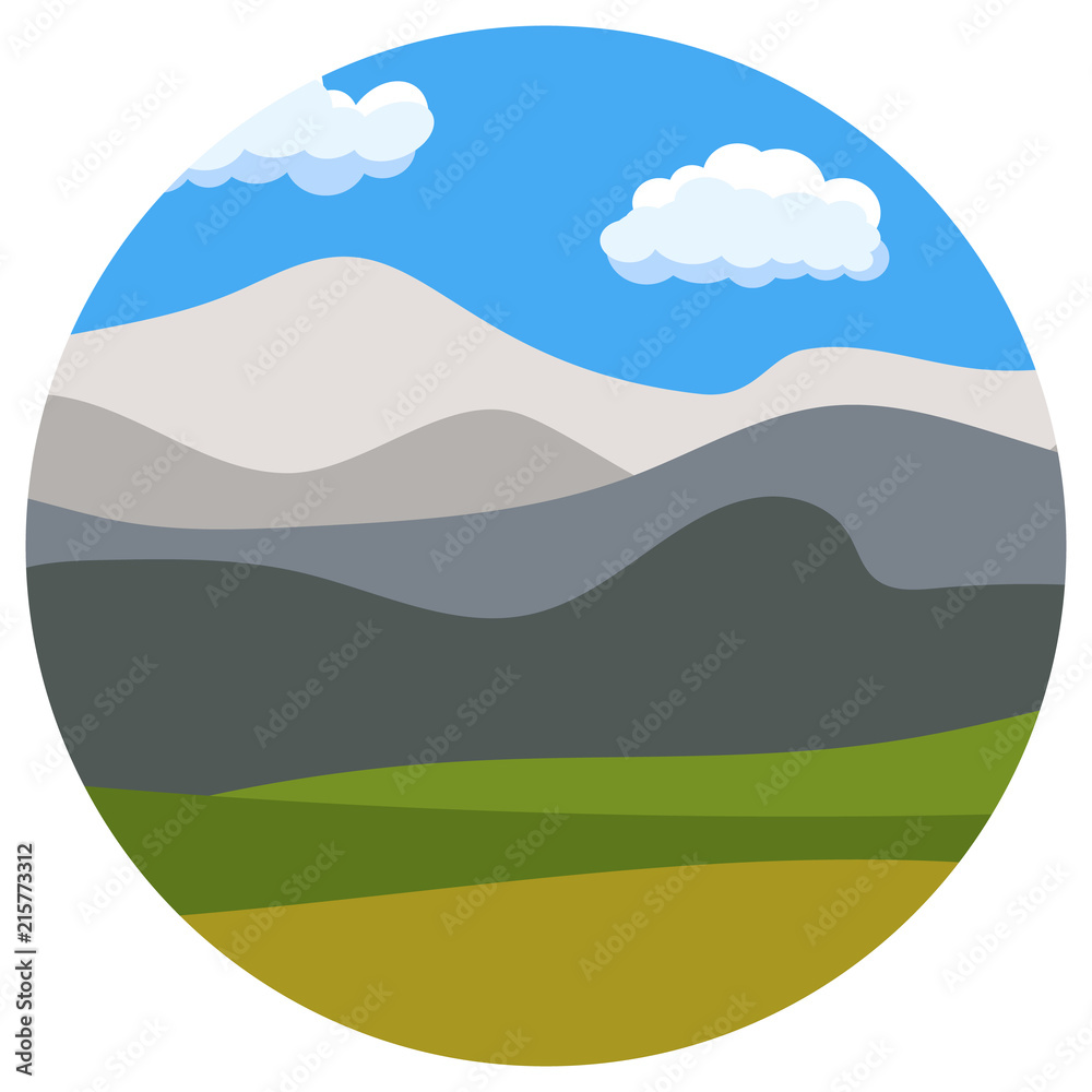 Fototapeta premium Natural cartoon landscape in circle. Vector illustration in the flat style with blue sky, clouds, hills and mountains. 