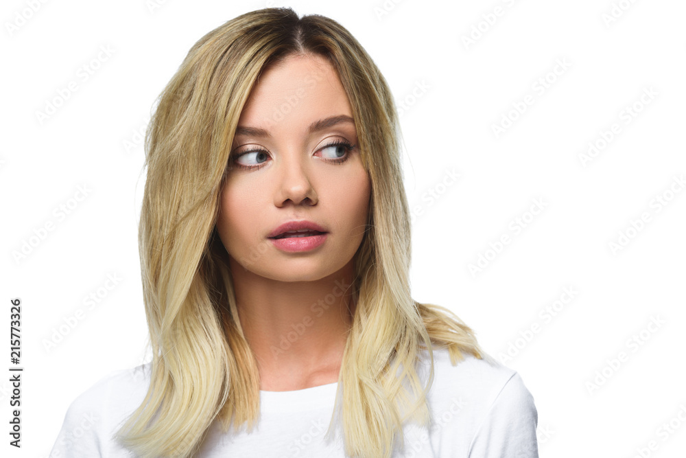portrait of attractive girl in white shirt looking away isolated on white portrait of attractive girl in white shirt looking away isolated on white