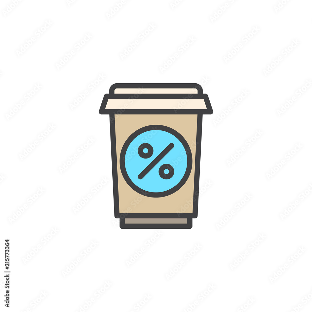 Soft drink sale filled outline icon, line vector sign, linear colorful pictogram isolated on white. Take away cup with percentage sign symbol, logo illustration. Pixel perfect vector graphics Soft drink sale filled outline icon, line vector sign, linear colorful pictogram isolated on white. Take away cup with percentage sign symbol, logo illustration. Pixel perfect vector graphics