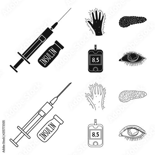 Syringe with insulin, pancreas, glucometer, hand diabetic. Diabet set collection icons in black,outline style vector symbol stock illustration web.