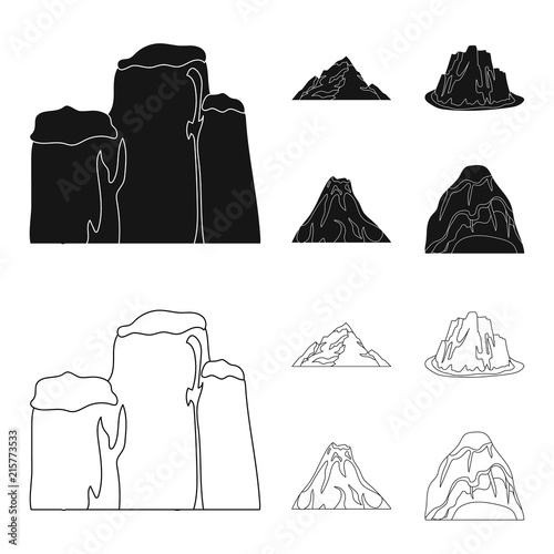 Sheer cliffs, a volcanic eruption, a mountain with a beach, a glacier. Different mountains set collection icons in black,outline style vector symbol stock illustration web.