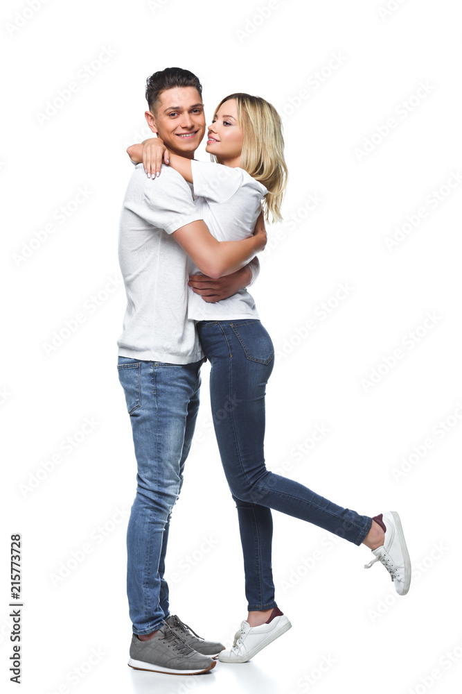 happy affectionate couple hugging isolated on white happy affectionate couple hugging isolated on white