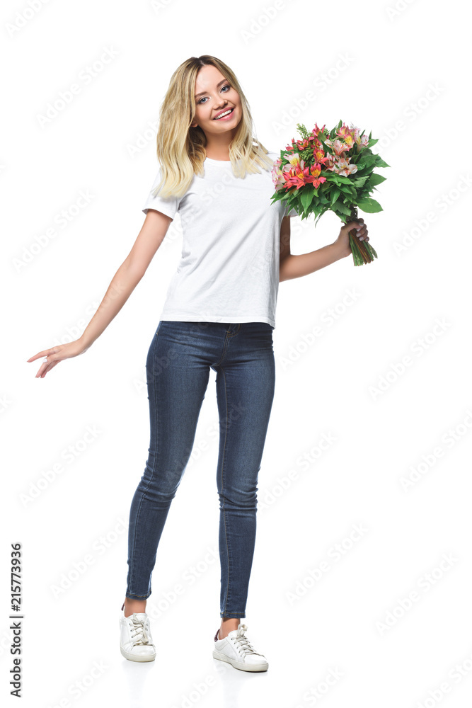 attractive girl posing with bouquet of flowers in white shirt isolated on white attractive girl posing with bouquet of flowers in white shirt isolated on white
