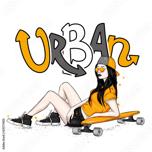 Stylish skater in jeans and sneakers. Skateboard. Vector illustration for a postcard or a poster, print for clothes. Street cultures.