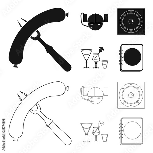 Fried sausage, beer helmet, cocktails, speaker.Pub set collection icons in black,outline style vector symbol stock illustration web.