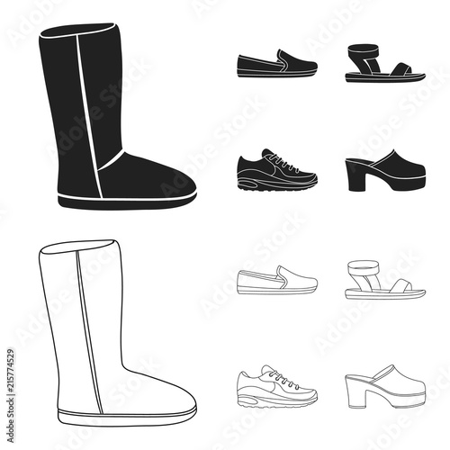 Beige ugg boots with fur, brown loafers with a white sole, sandals with a fastener, white and blue sneakers. Shoes set collection icons in black,outline style vector symbol stock illustration web.