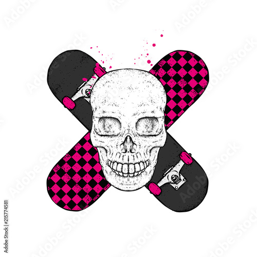 Skateboards in the shape of a stop sign. Do not stop. Vector illustration for design or poster, print for clothes. Skate, sport and extreme. Skull and graffiti.