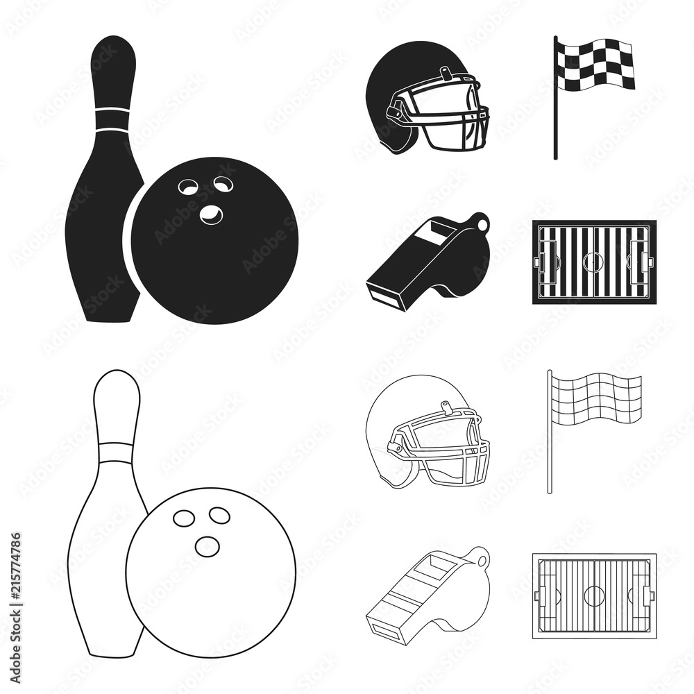 Vecteur Stock Bowl and bowling pin for bowling, protective helmet for  playing baseball, checkbox, referee, whistle for coach or referee. Sport  set collection icons in black,outline style vector symbol stock | Adobe