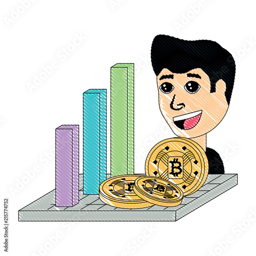 graphic bar with cryptocoins and cartoon man over white background, vector illustration