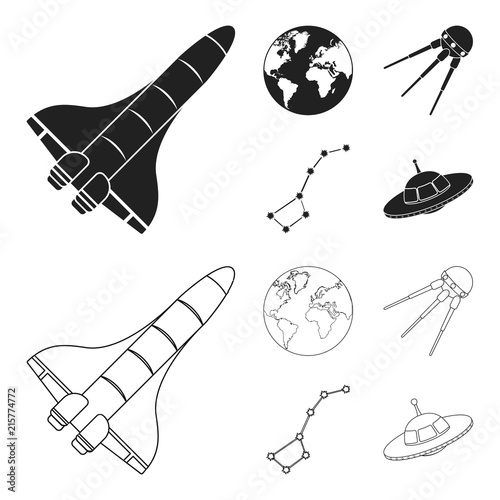 Planet Earth with continents and oceans, flying satellite, Ursa Major, UFO. Space set collection icons in black,outline style vector symbol stock illustration web.