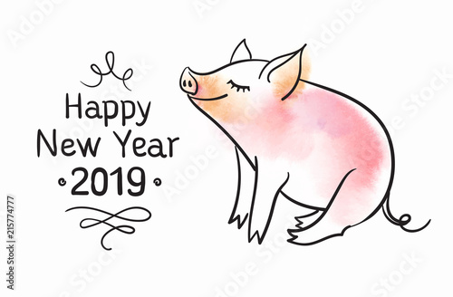 Template for greeting card. Black and white linear vector illustration. The pig is a symbol of the New Year of 2019.
