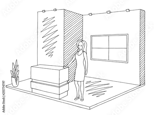 Exhibition stand graphic interior black white sketch illustration vector. Woman standing