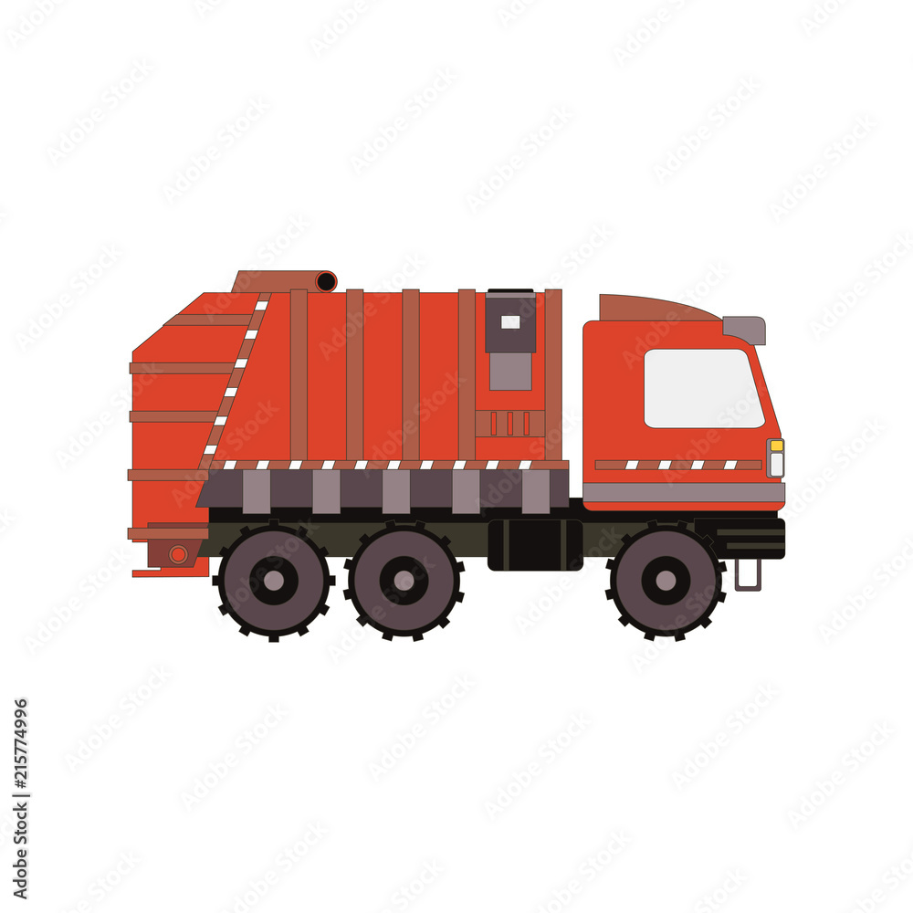 Red garbage truck isolated on white background. Side view cartoon rubbish vehicle. Vector illustration Red garbage truck isolated on white background. Side view cartoon rubbish vehicle. Vector illustration