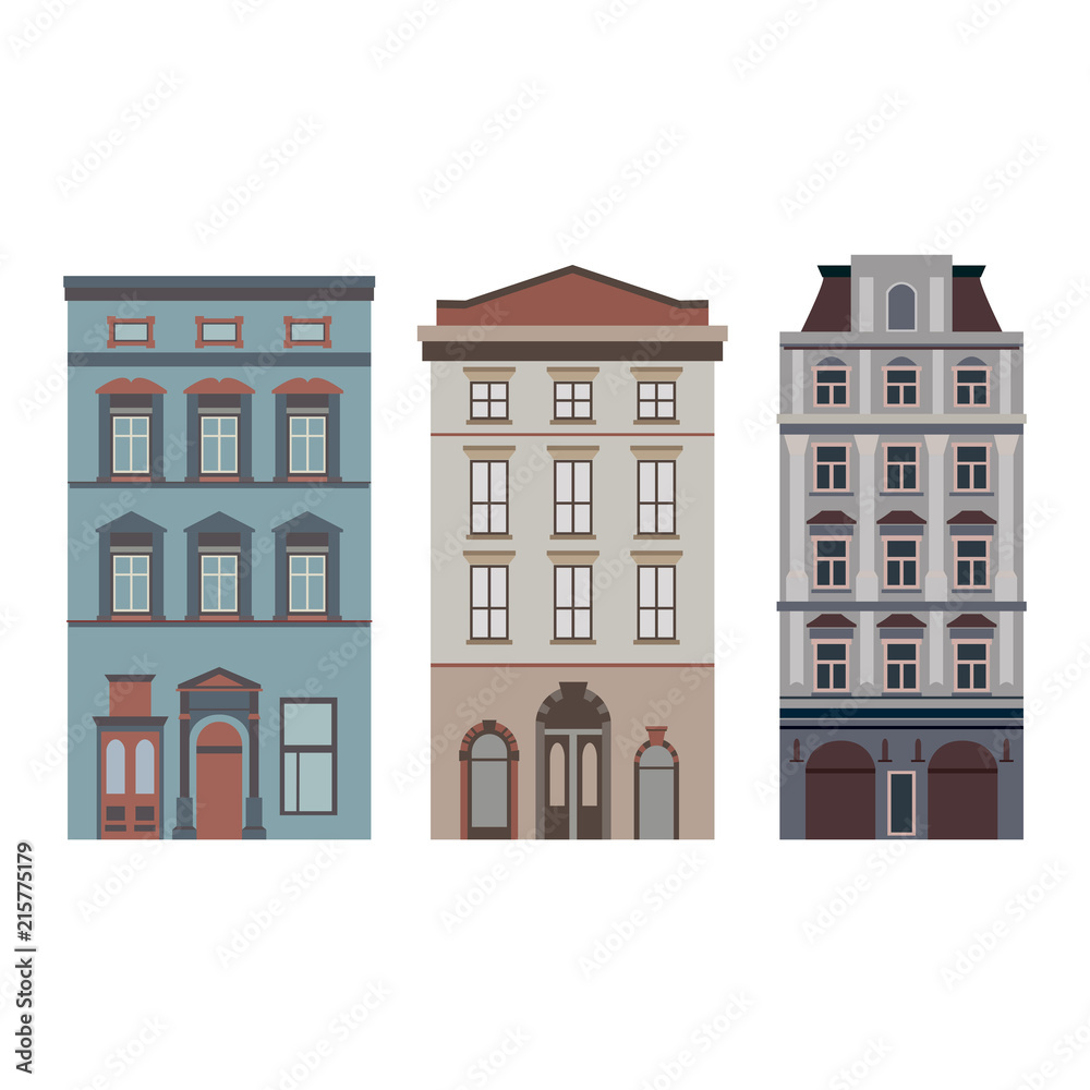 Beautiful detailed cityscape collection with townhouses. Small town street with victorian building facades. Template for web, graphic, game and motion design. Vector illustration