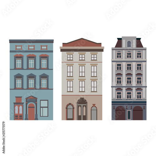 Beautiful detailed cityscape collection with townhouses. Small town street with victorian building facades. Template for web, graphic, game and motion design. Vector illustration