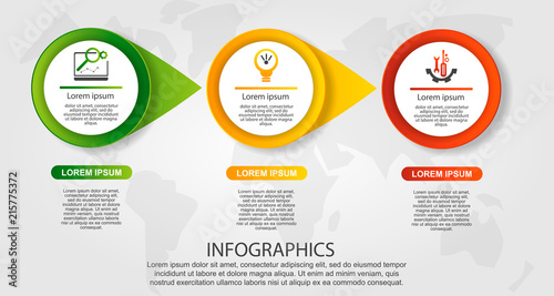 Modern vector illustration 3D. Template of circles of infographics with three elements and arrows. Designed for business, presentations, web design, diagrams with 3 steps. Concept step by step