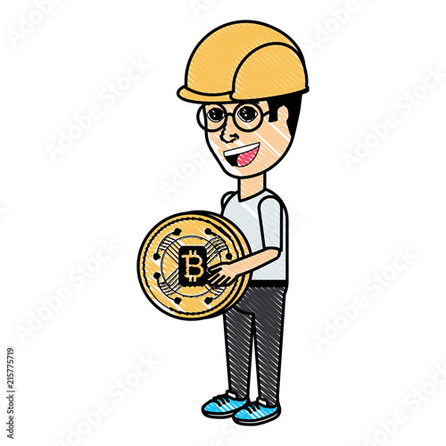 cartoon man with safety helmet and holding a bitcoin coin over white background, vector illustration