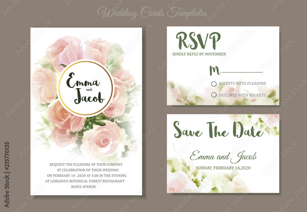 Vintage style Wedding Invitation pink roses watercolor hand drawn. save the date card design.vector template set.invite card design.Greeting Floral wedding invitation.Pink rose watercolour   print