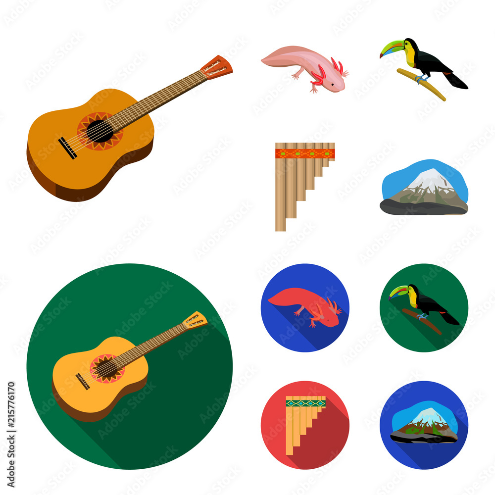 Sampono Mexican musical instrument, a bird with a long beak, Orizaba is the  highest mountain in Mexico, axolotl is a rare animal. Mexico country set  collection icons in cartoon,flat style vector Stock