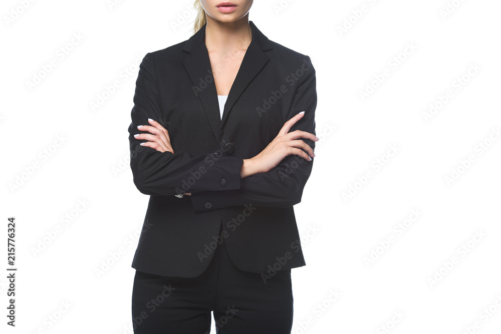 cropped shot of young businesswoman with crossed arms isolated on white cropped shot of young businesswoman with crossed arms isolated on white