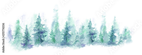 Blue landscape of foggy forest, winter hill. Wild nature, frozen, misty, taiga. watercolor background © Leyasw