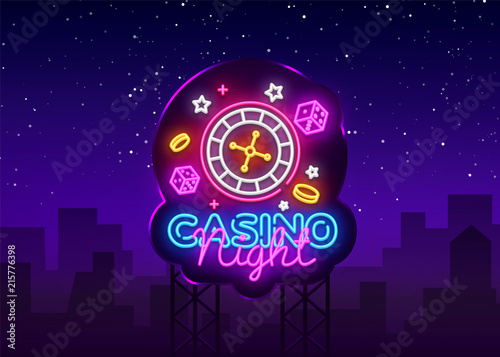 Casino Night Neon Logo Vector. Casino neon sign, design template, modern trend design, casino neon signboard, night bright advertising, light banner, light art. Vector illustration. Billboard