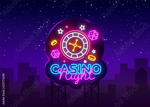 Casino Night Neon Logo Vector. Casino neon sign, design template, modern trend design, casino neon signboard, night bright advertising, light banner, light art. Vector illustration. Billboard