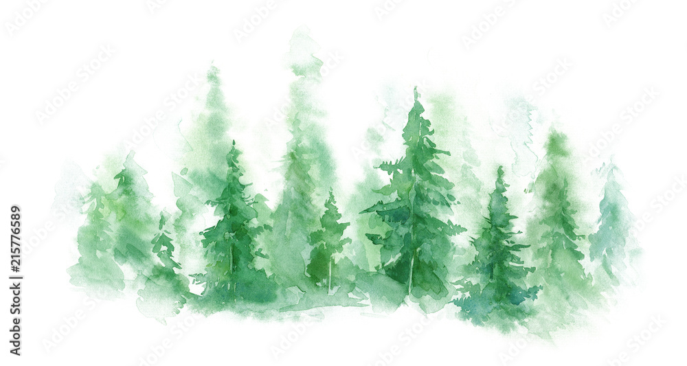Green landscape of foggy forest, winter hill. Wild nature, frozen, misty, taiga. watercolor background