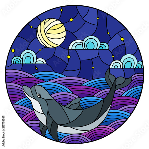 Illustration in stained glass style dolphin into the waves, starry sky,moon  and clouds, round image