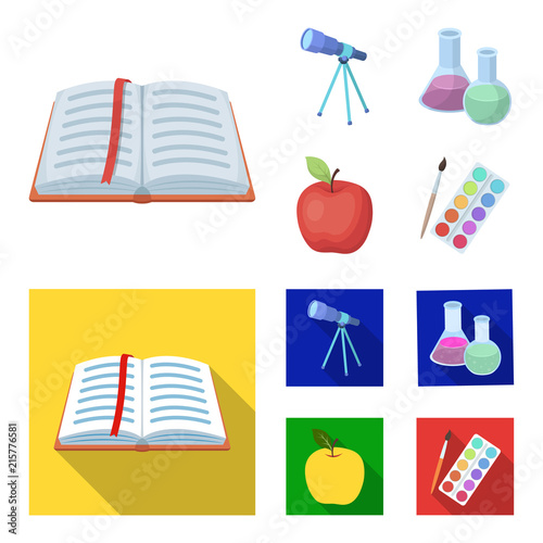 An open book with a bookmark, a telescope, flasks with reagents, a red apple. Schools and education set collection icons in cartoon,flat style vector symbol stock illustration web.