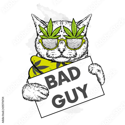 Funny cat with a sign, glasses and a scarf. Bad guy, bully. Vector illustration for a postcard or a poster, print for clothes. Hipster. Drugs, marijuana.