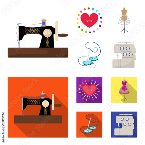 Needle and thread, sewing machine, pincushion, dummy for clothing. Sewing and equipment set collection icons in cartoon,flat style vector symbol stock illustration web.