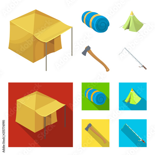 Tent with awning, ax and other accessories.Tent set collection icons in cartoon,flat style vector symbol stock illustration web.