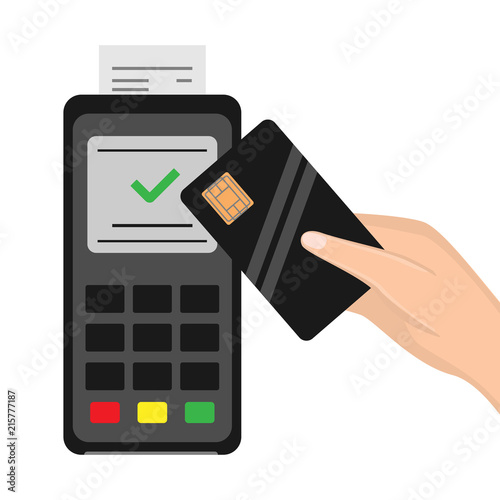 Girl pays for purchases with card through POS-terminal. Isolated Vector Illustration