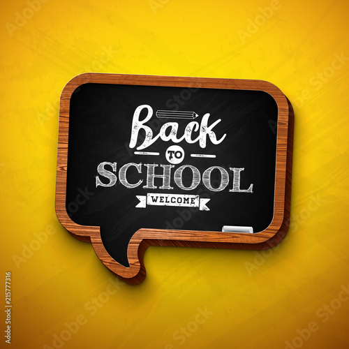 Back to school design with chalkboard and typography lettering on yellow background. Vector illustration for greeting card, banner, flyer, invitation, brochure or promotional poster.