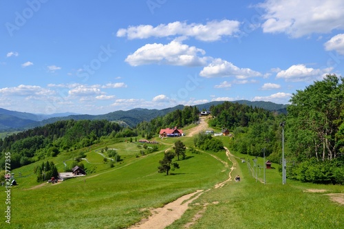 Picturesque landscape - Pieniny mountains, Poland.  Summer day in mountains. Ski Station Palenica. View from Szafranowka Mount, Szczawnica.  photo