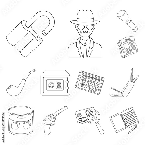 Detective and Attributes outline icons in set collection for design.Detective Agency vector symbol stock web illustration.