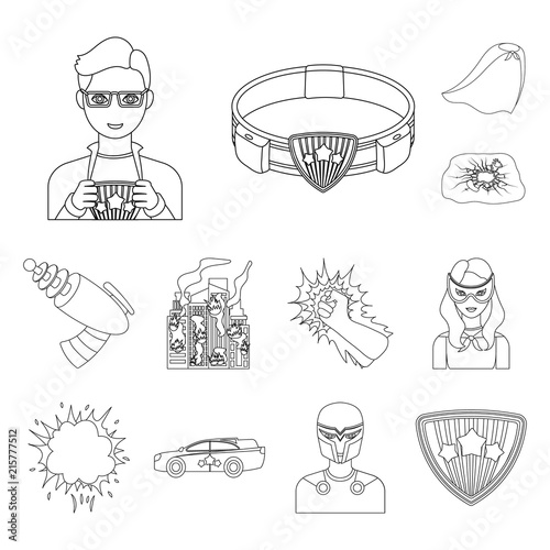 A fantastic superhero outline icons in set collection for design. Superhero equipment vector symbol stock web illustration.