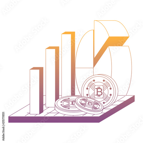 bar and pie chart with cryptocoins over white background, vector illustration