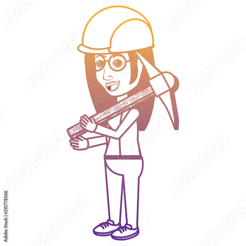 cartoon woman holding a pickaxe and wearing a industrial helmet over white background  vector illustration
