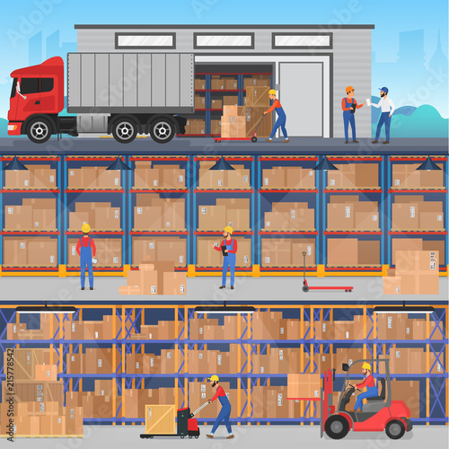 Vector horisontal flat concept banners with warehouse inside and outside with workers, trucks and boxes goods.