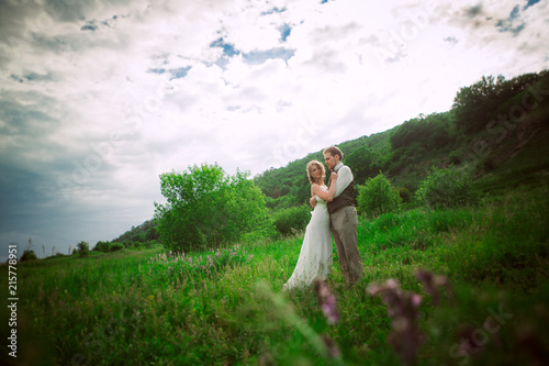 bride and groom stand on the background of the mountain and grass
