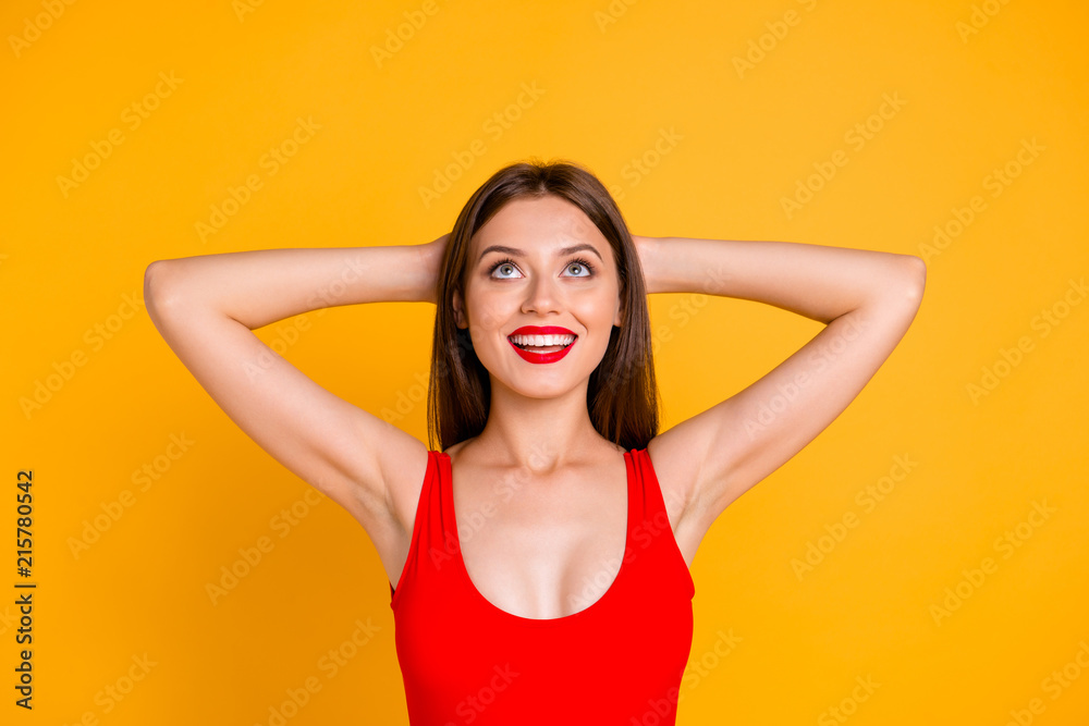 Enjoy your life! Close up photo portrait of beautiful cheerful lovely attractive with decollete cleavage lady keeping holding hands behind head planning imagine resort isolated bright vivid background Enjoy your life! Close up photo portrait of beautiful cheerful lovely attractive with decollete cleavage lady keeping holding hands behind head planning imagine resort isolated bright vivid background