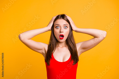 Omg wow incredible wtf! Fun joy comic person concept. Close up photo portrait of funny funky pretty cute astonished student life-guard doesn't know what to do looking camera isolated bright background